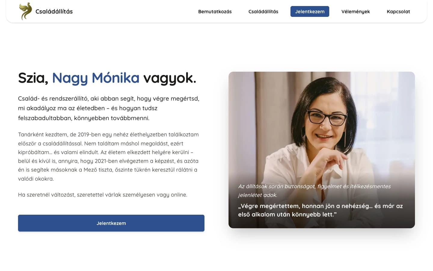 The Mónika Családállítás home page: a portrait of the practitioner beside her introduction, with a button to apply.